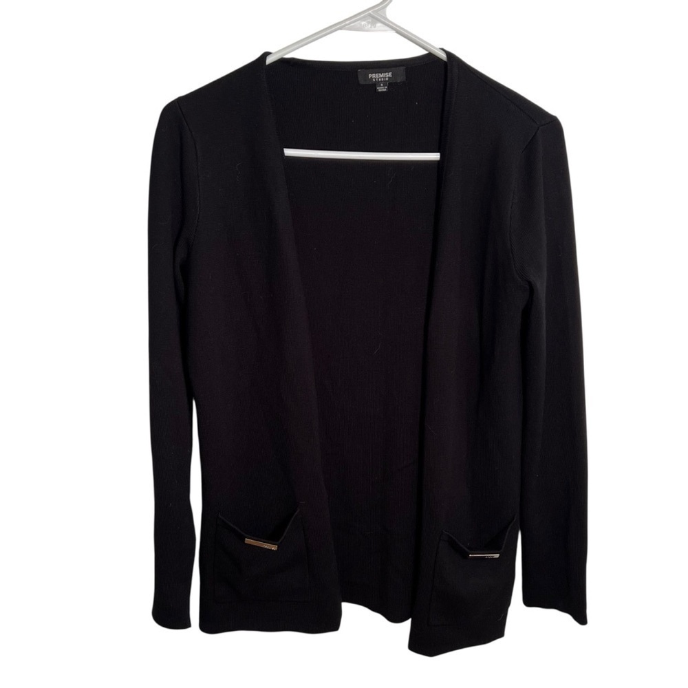 Premise Studio Womens Size Small Open Front Cardigan Sweater Black Pockets Rayon